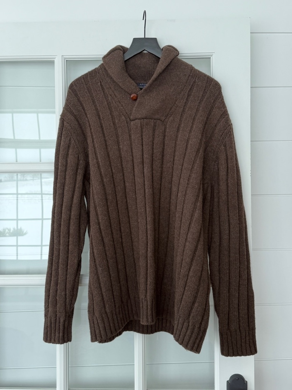 Lands' End Men's Brown Ribbed Turtleneck Sweater with Button Shawl